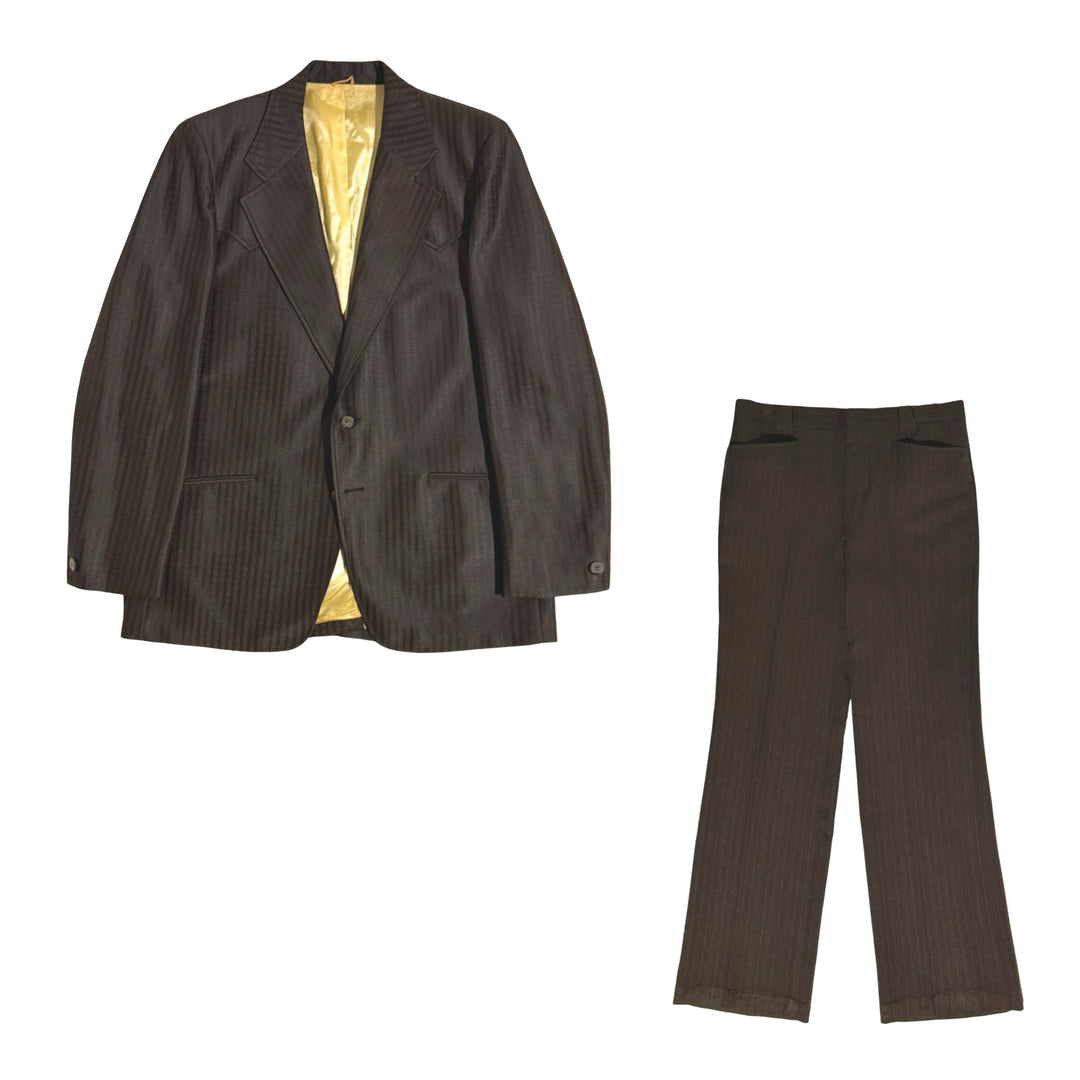 1960’S LASSO WESTERNWEAR MADE IN USA “DALLAS” WESTERN BROWN STRIPED FLARED LEG SUIT 44R