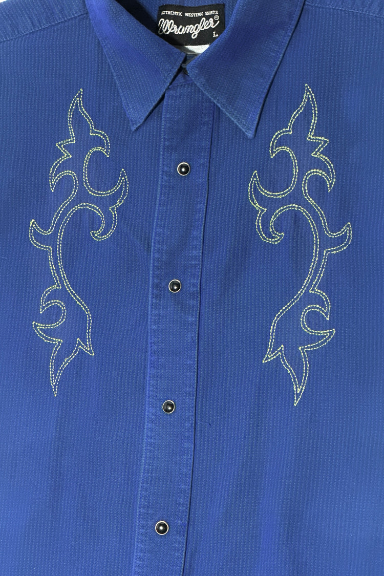 1990's Wrangler blue ribbed cotton tribal sigil embroidered western shirt detail