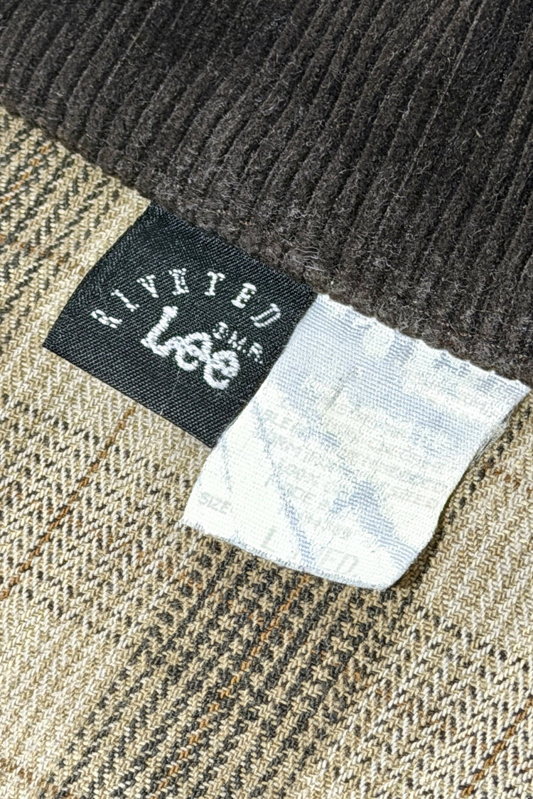 1990's Lee Riveted plaid shirt jacket label and corduroy collar