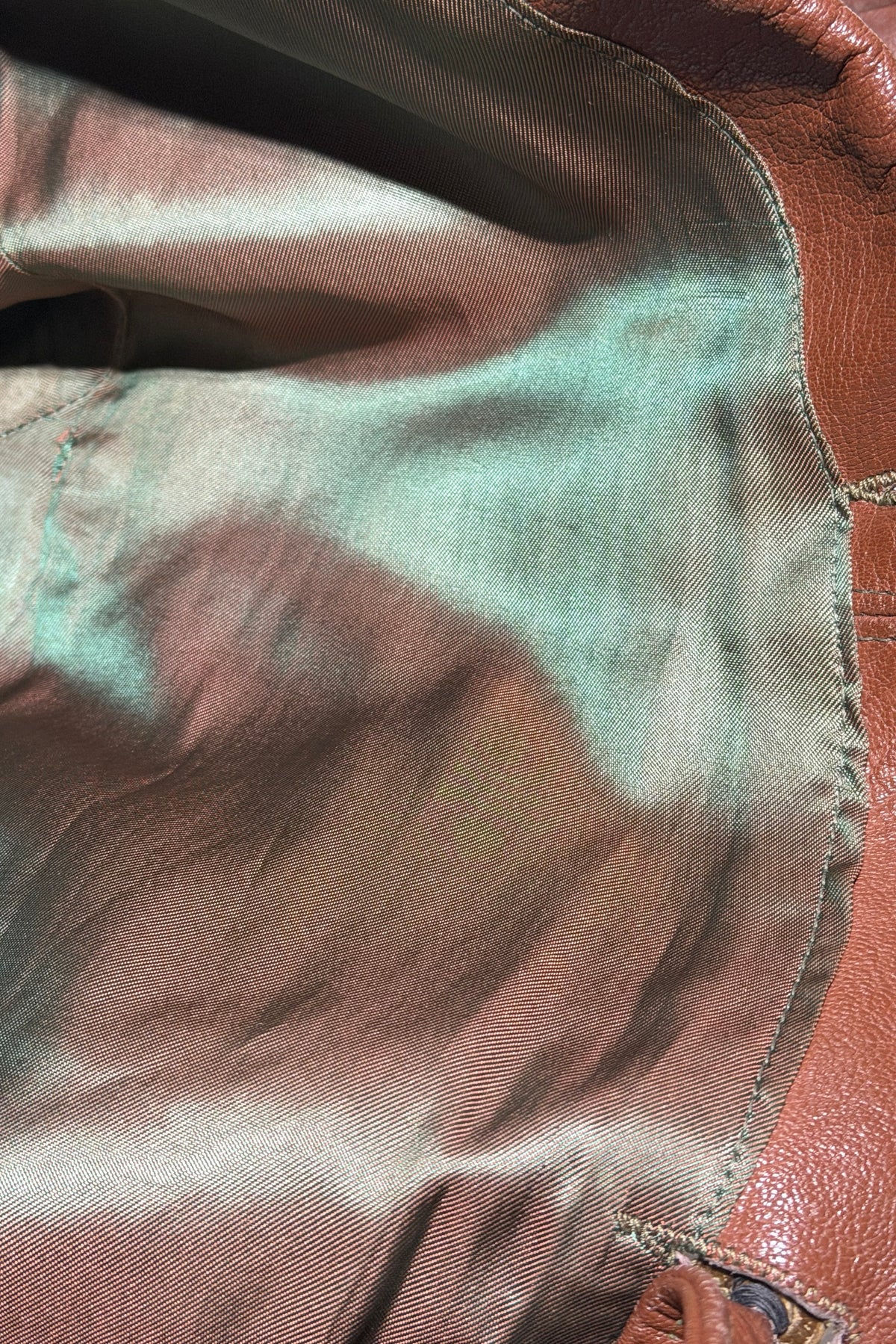 1940's cognac leather sport jacket green rayon lining
