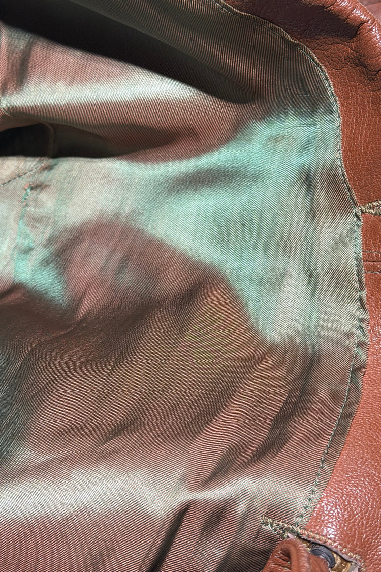 1940's cognac leather sport jacket green rayon lining