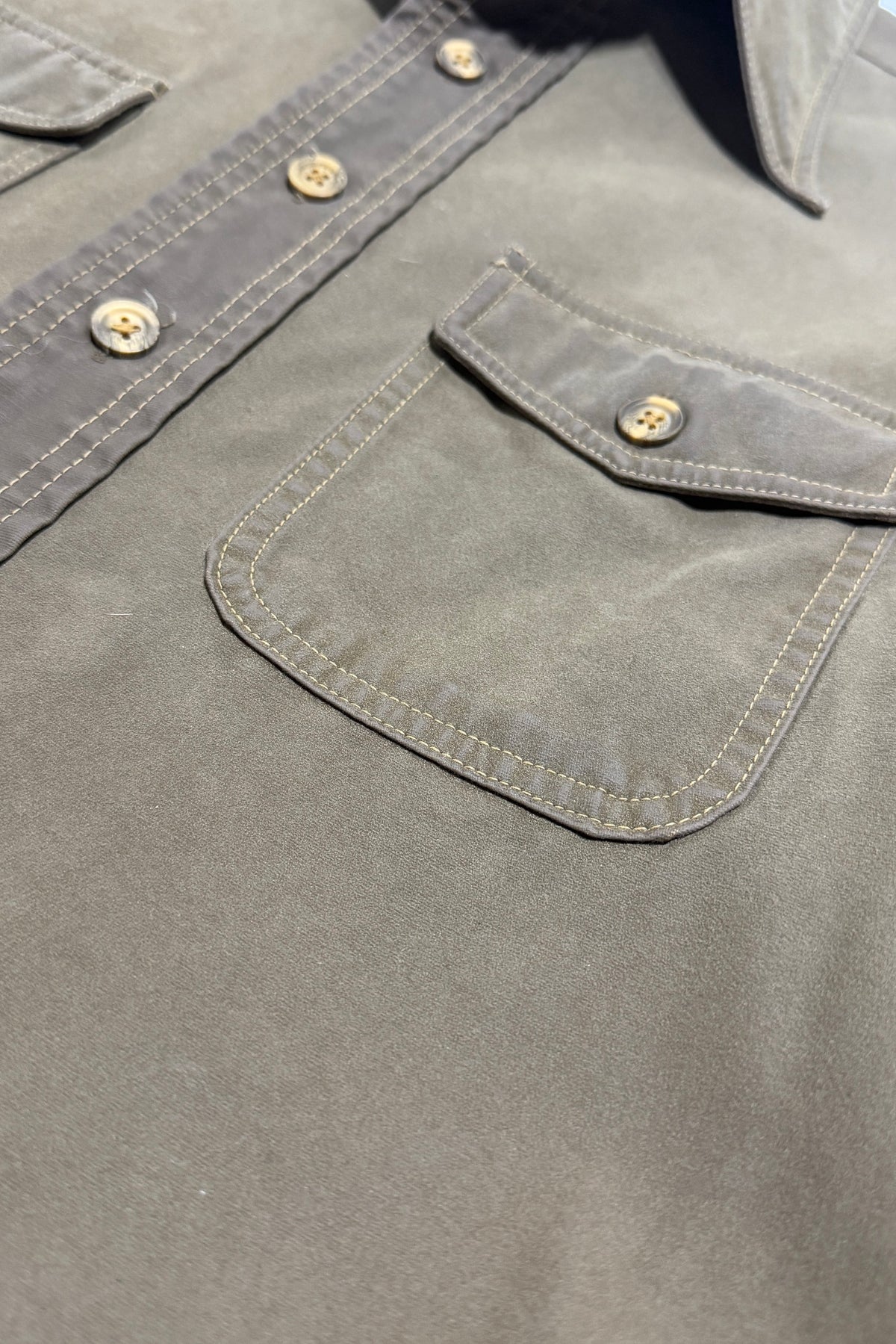 Moleskin shirt pocket and placket stitching detail