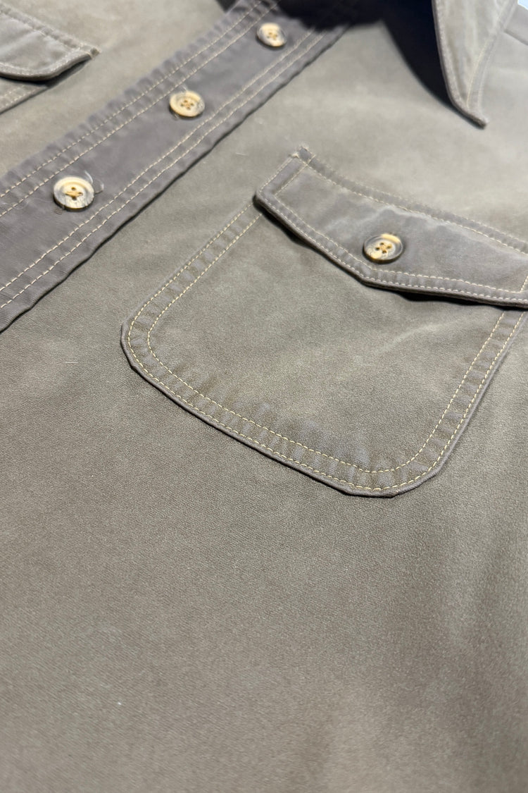Moleskin shirt pocket and placket stitching detail