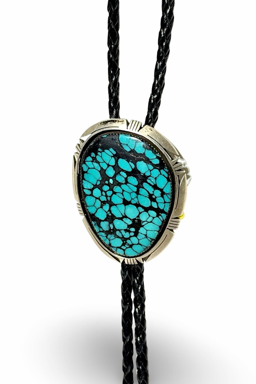 1990’S BRUCE WOOD (NAVAJO, 1974-2017) MASTER SILVERSMITH .925 STERLING SILVER &amp; KINGMAN HIGH GRADE SPIDERWEB MATRIX TURQUOISE CABOCHON BRAIDED LEATHER BOLO TIE