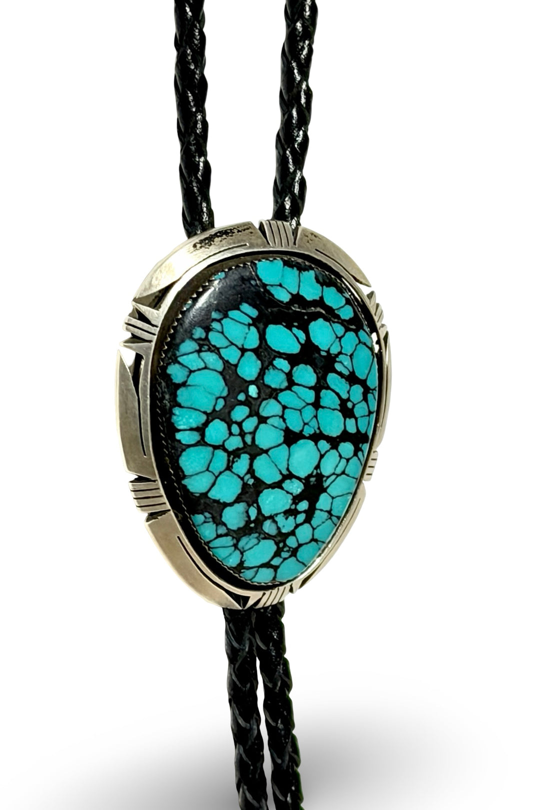 1990’S BRUCE WOOD (NAVAJO, 1974-2017) MASTER SILVERSMITH .925 STERLING SILVER &amp; KINGMAN HIGH GRADE SPIDERWEB MATRIX TURQUOISE CABOCHON BRAIDED LEATHER BOLO TIE
