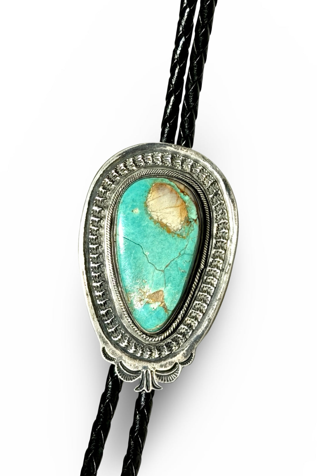 1980’S HERBERT RATION ( NAVAJO, 1959-PRESENT) .925 STERLING SILVER &amp; ROYSTON TURQUOISE CABOCHON BRAIDED LEATHER BOLO TIE