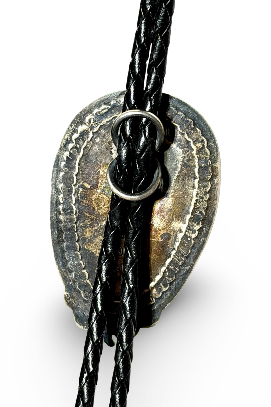 1980’S HERBERT RATION ( NAVAJO, 1959-PRESENT) .925 STERLING SILVER &amp; ROYSTON TURQUOISE CABOCHON BRAIDED LEATHER BOLO TIE