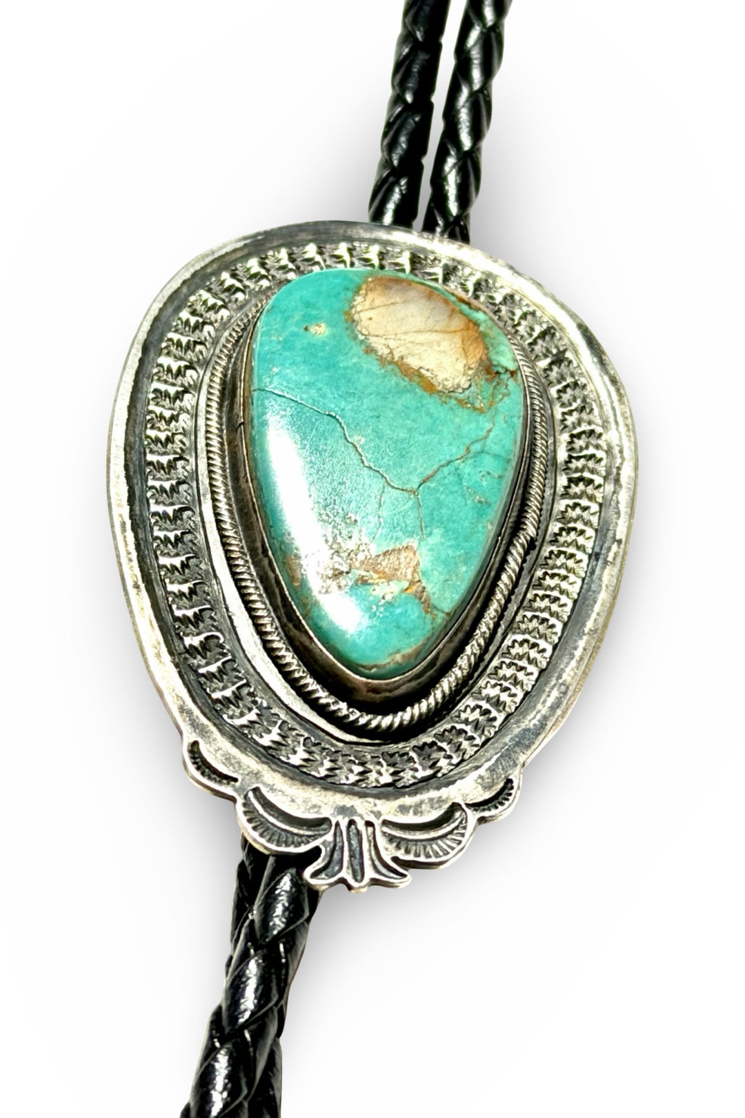 1980’S HERBERT RATION ( NAVAJO, 1959-PRESENT) .925 STERLING SILVER &amp; ROYSTON TURQUOISE CABOCHON BRAIDED LEATHER BOLO TIE