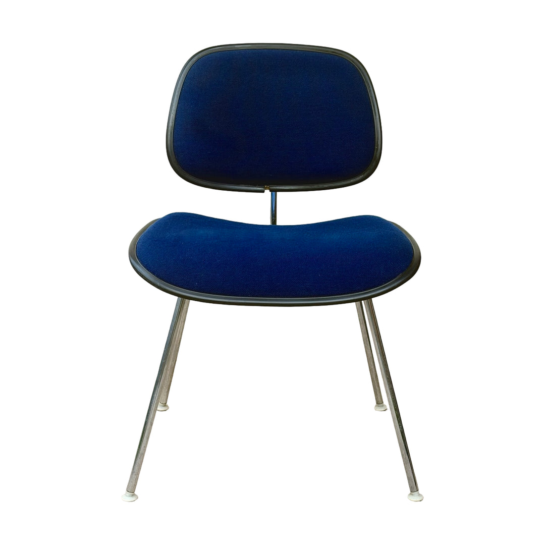 1987 Herman Miller Eames Upholstered DCM Blue Fabric on Molded Black Plastic &amp; Chrome Base Chair