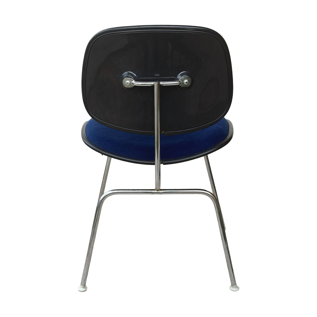 1987 Herman Miller Eames Upholstered DCM Blue Fabric on Molded Black Plastic &amp; Chrome Base Chair