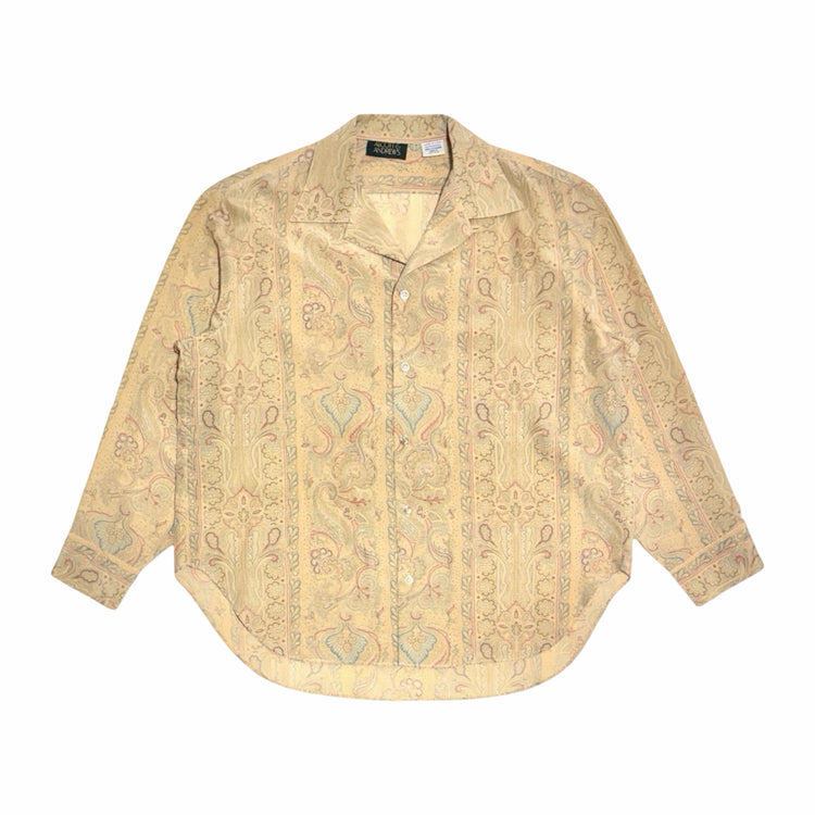 1980's Alcott & Andrews made in USA cropped tan paisley camp collar button down shirt large