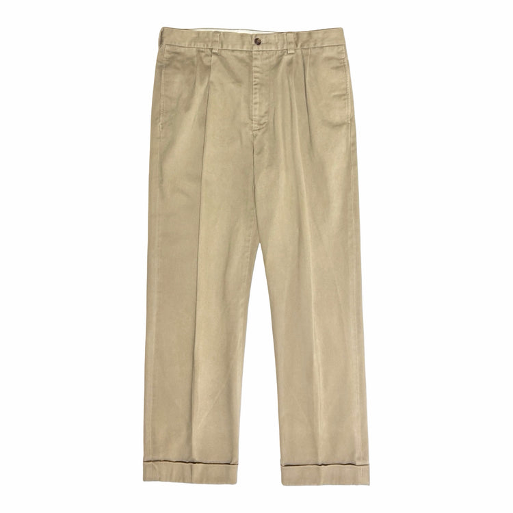 1990'S BROOKS BROTHERS 346 KHAKI COTTON TWILL CHINO PLEATED CUFFED PANTS front