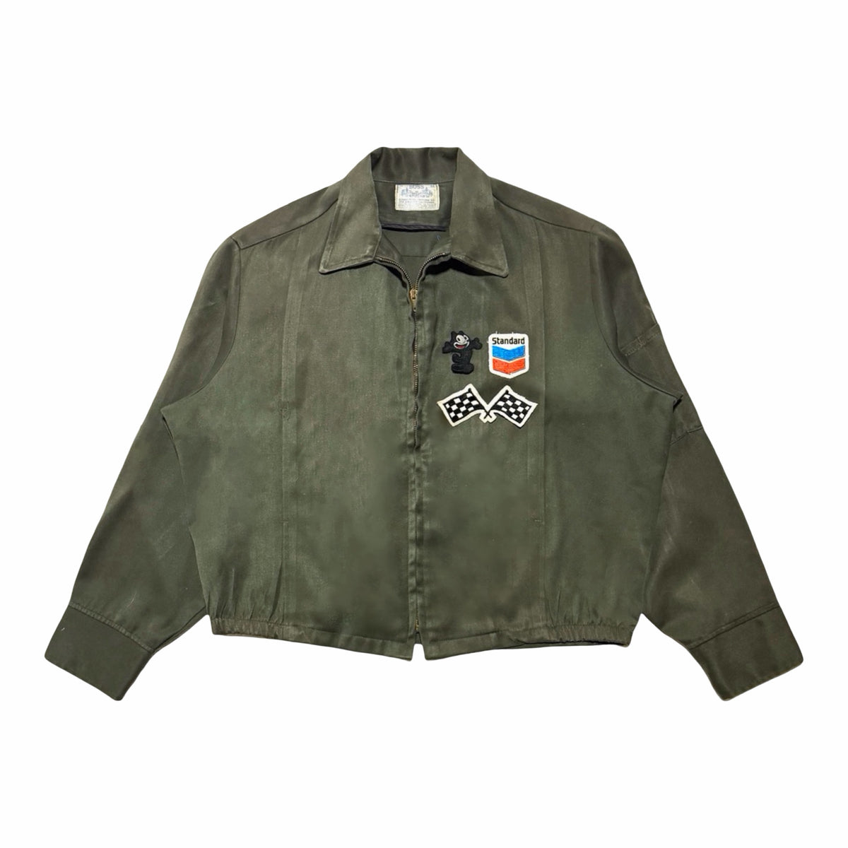 1970'S BOSS COMMERCIAL UNIFORM CO CROPPED OLIVE GREEN PATCHED ZIP FRONT WORK JACKET front