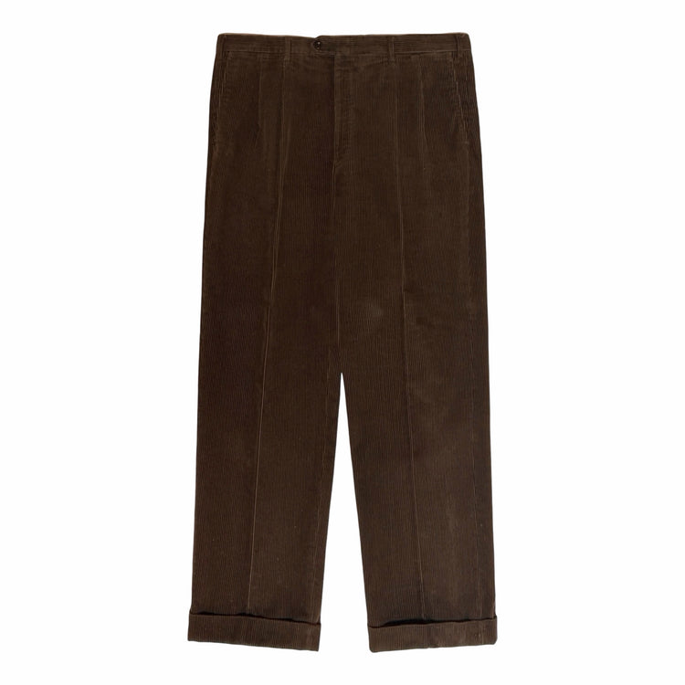 1990'S BRIONI CANNES BROWN WIDE WALE CORDUROY PLEATED CUFFED PANTS front