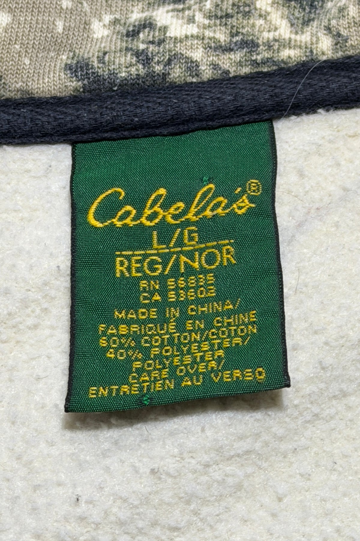 Cabela's tag, made in China, 60% cotton 40% polyester