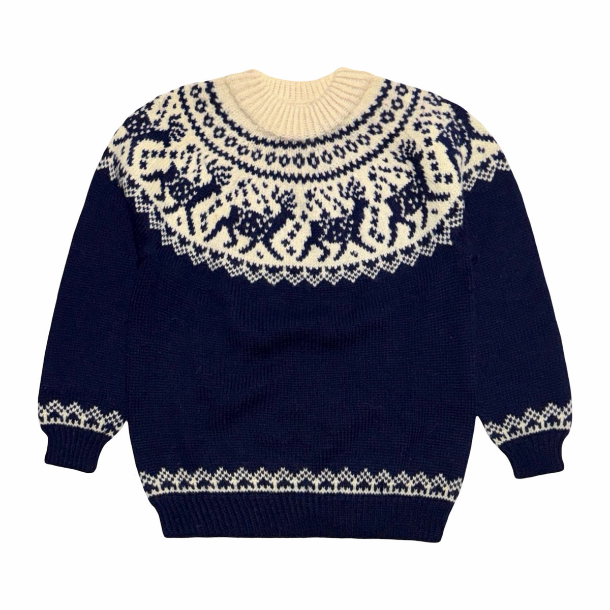 1980's Dale of Norway navy and cream reindeer yoke wool sweater