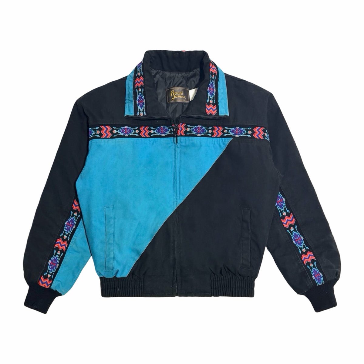 1980's Davis James made in USA cropped black and turquoise southwestern bomber jacket large