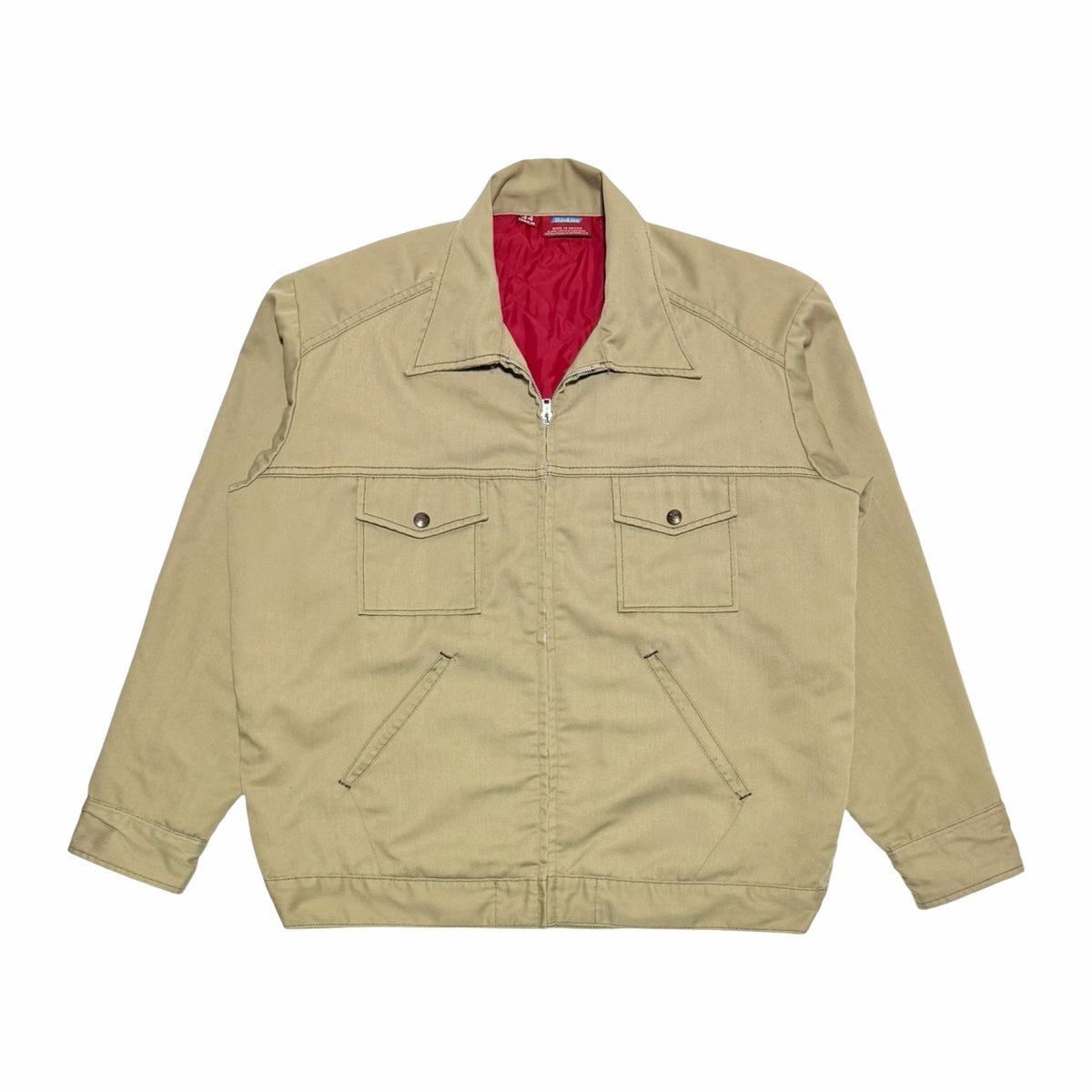 1980's Dickies tan twill red quilt lined zip front work jacket