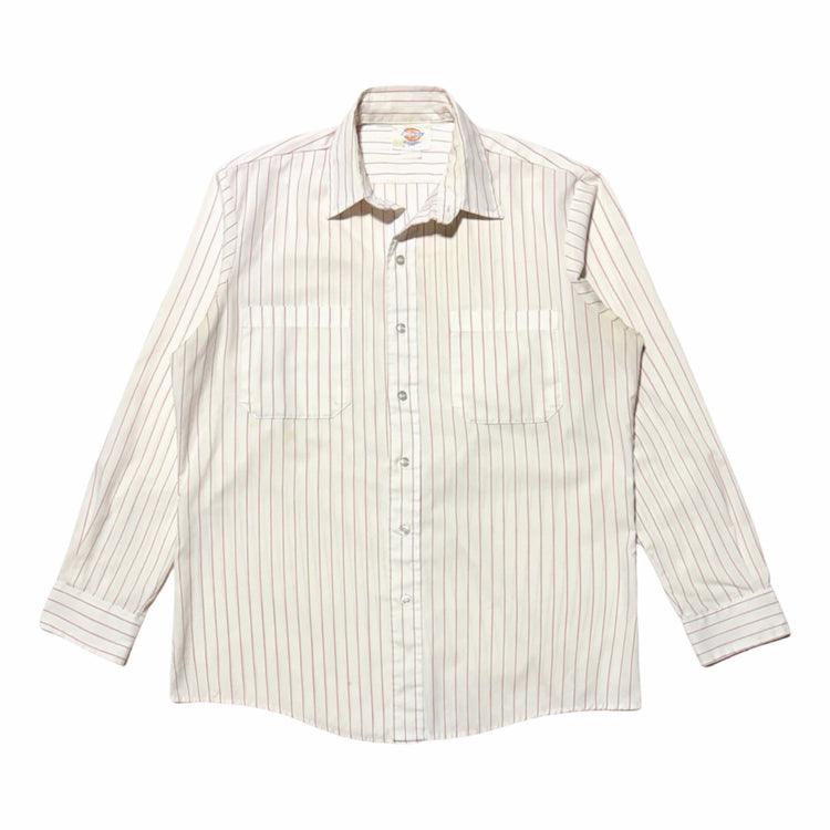 1970'S DICKIES WHITE & RED PINSTRIPE L/S TWO POCKET WORK SHIRT LARGE front