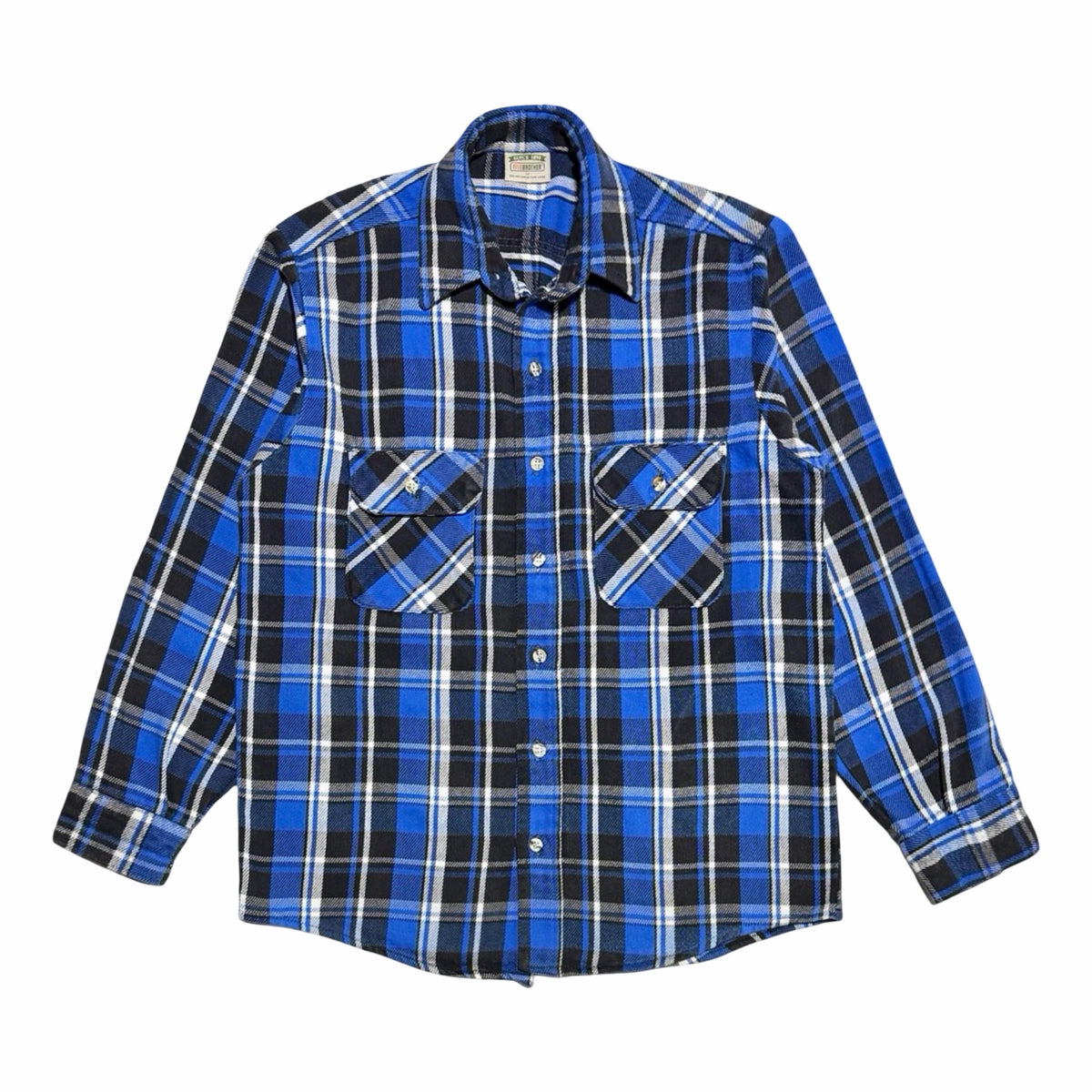 Five Brother blue and black plaid flannel work shirt, front view