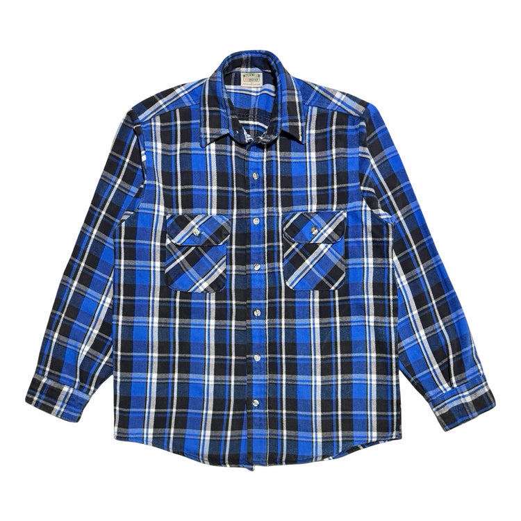 Five Brother blue and black plaid flannel work shirt, front view