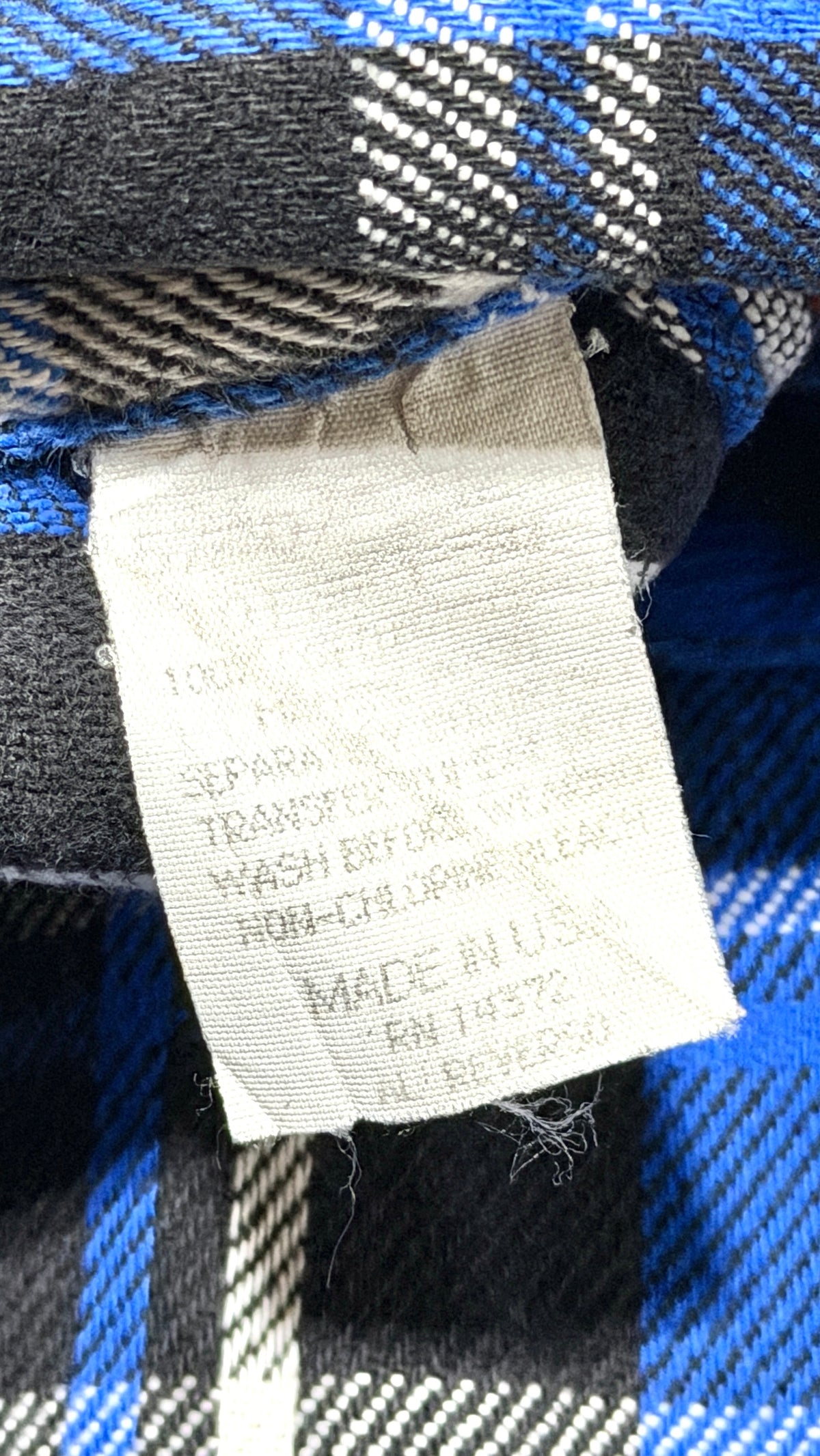 Five Brother flannel shirt care tag detail, Made in USA