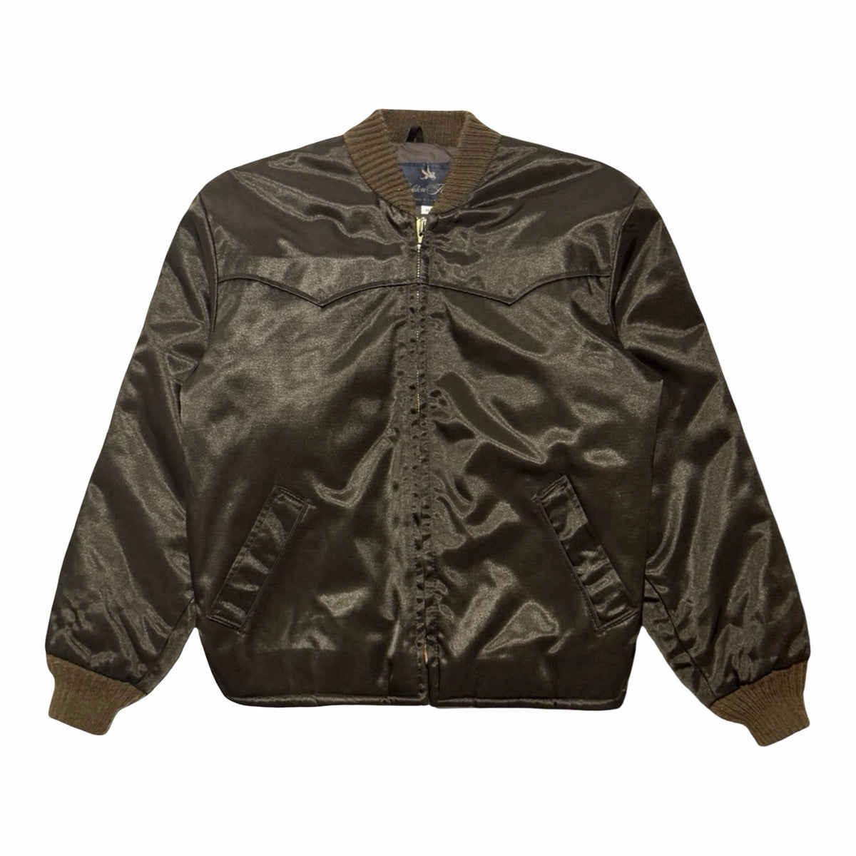 1970'S GOLDEN FLEECE CROPPED OLIVE BROWN SATIN WESTERN YOKE BOMBER JACKET front