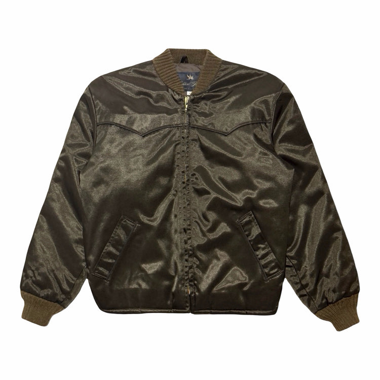1970'S GOLDEN FLEECE CROPPED OLIVE BROWN SATIN WESTERN YOKE BOMBER JACKET front