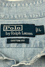 Load image into Gallery viewer, 1990’S POLO RALPH LAUREN EMBROIDERED DENIM SAFARI S/S B.D. SHIRT LARGE

