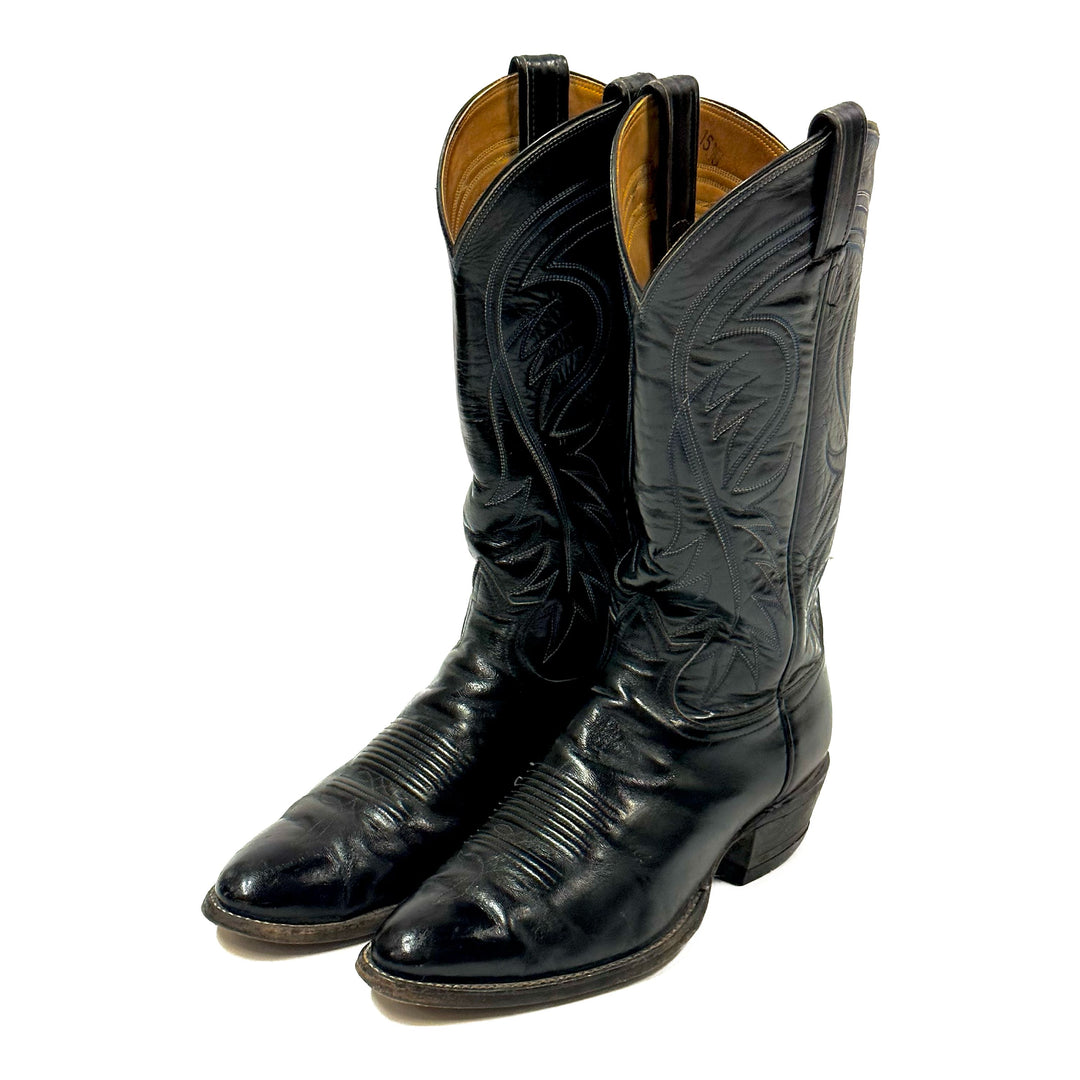 1980’S TONY LAMA MADE IN USA EMBROIDERED BLACK COWBOY BOOTS 8