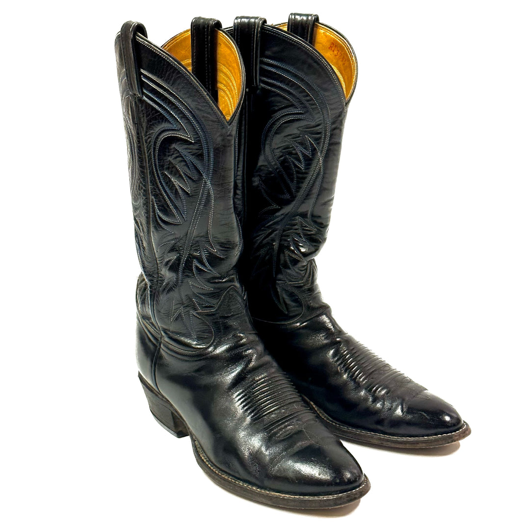 1980’S TONY LAMA MADE IN USA EMBROIDERED BLACK COWBOY BOOTS 8