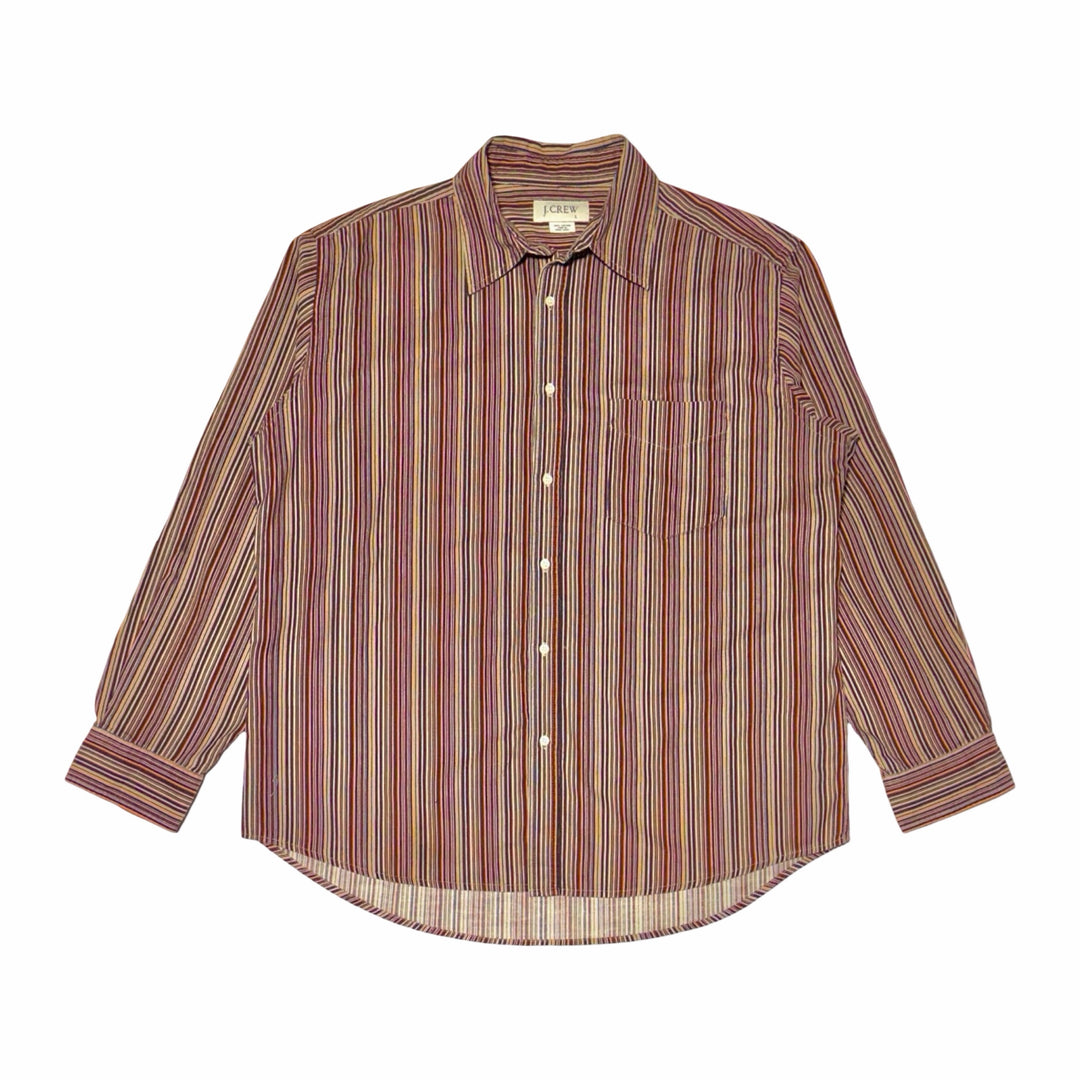 J. Crew burgundy orange navy multi stripe cotton long sleeve shirt, front