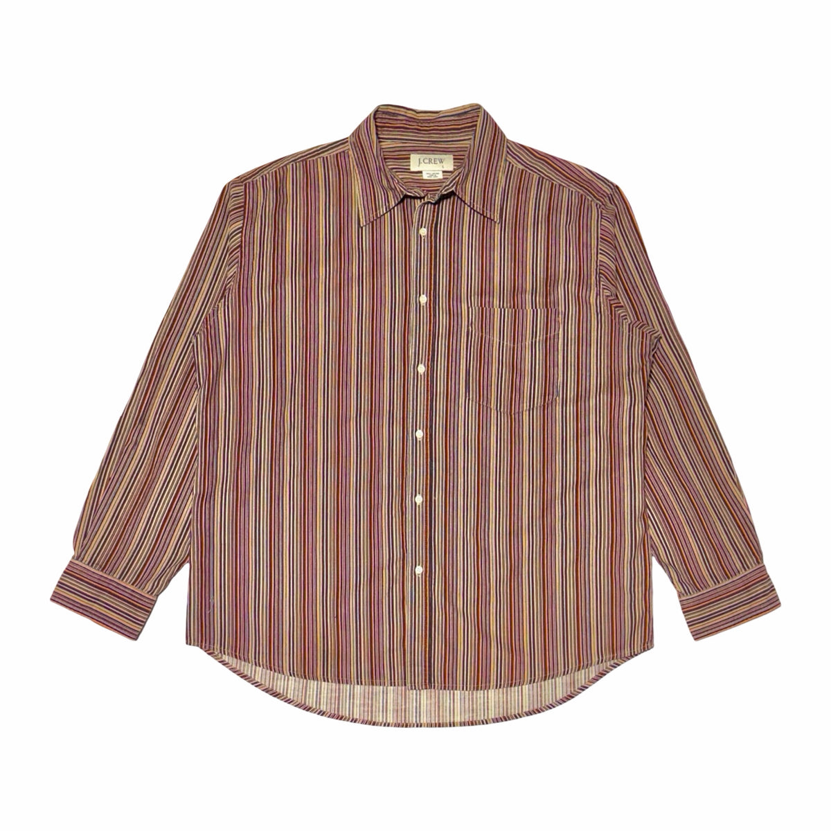 J. Crew burgundy orange navy multi stripe cotton long sleeve shirt, front