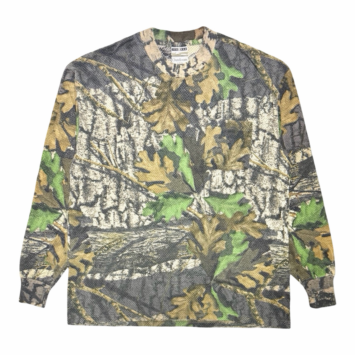 1990'S JERZEES OUTDOORS BIGWOODS CAMO MESH POCKET L/S T-SHIRT front