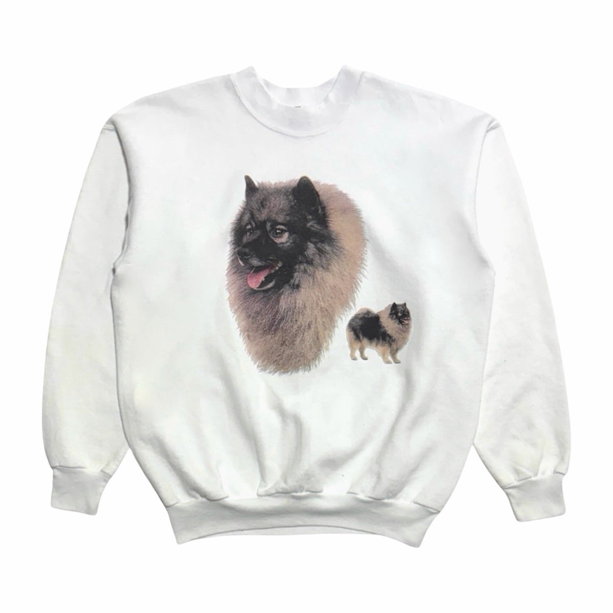 1990s Keeshond dog portrait white graphic crewneck sweatshirt front