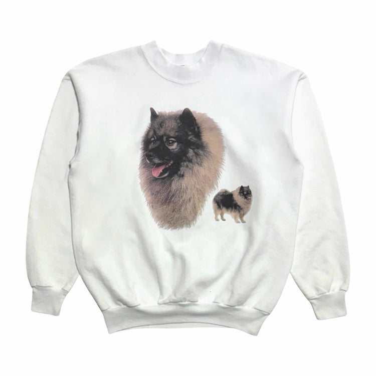 1990s Keeshond dog portrait white graphic crewneck sweatshirt front