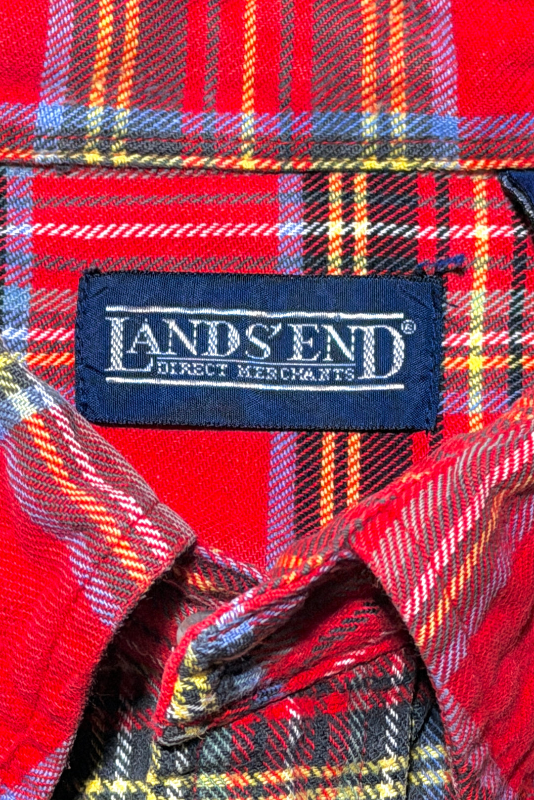 Lands End red plaid flannel shirt detail