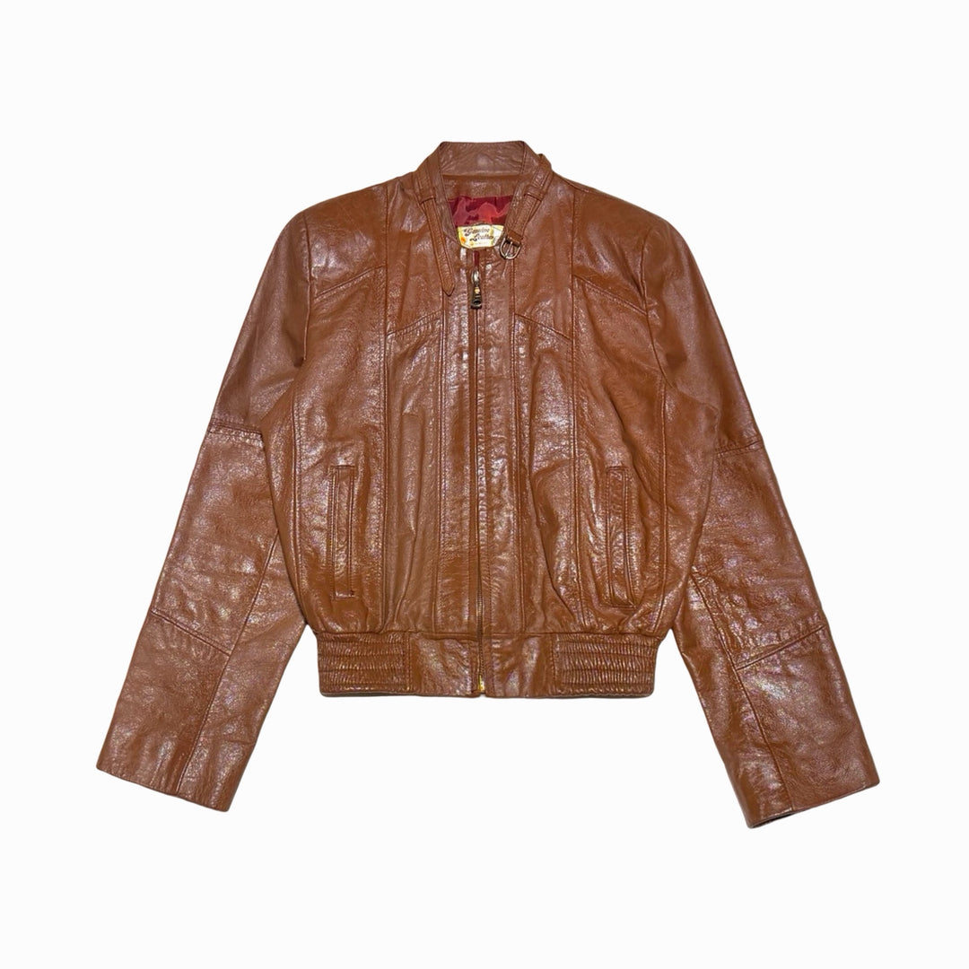 Cognac brown leather zip bomber jacket front