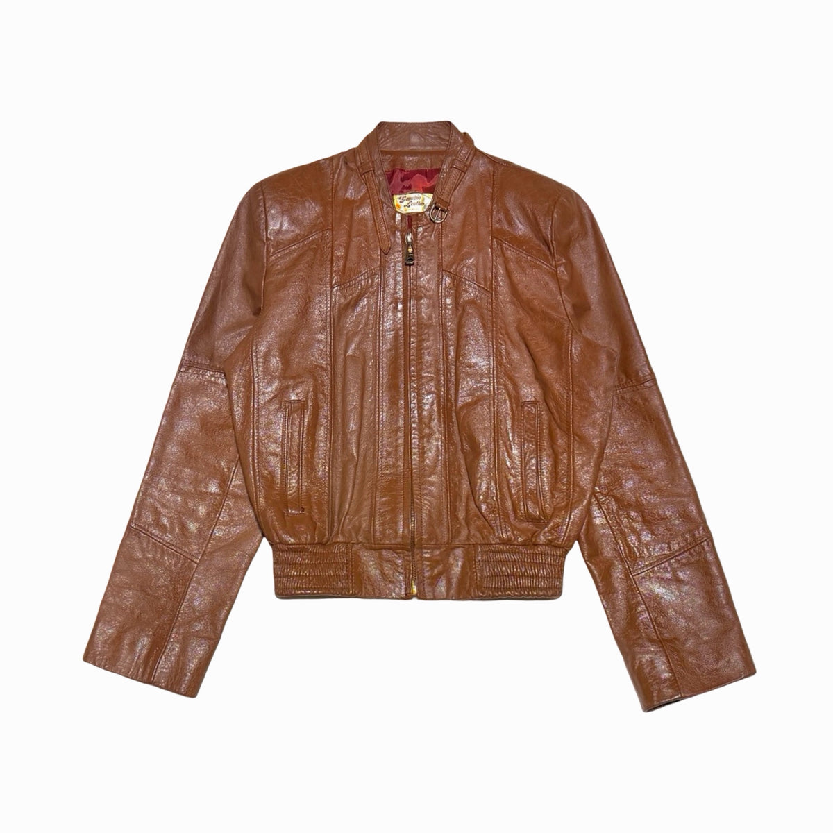 Cognac brown leather zip bomber jacket front