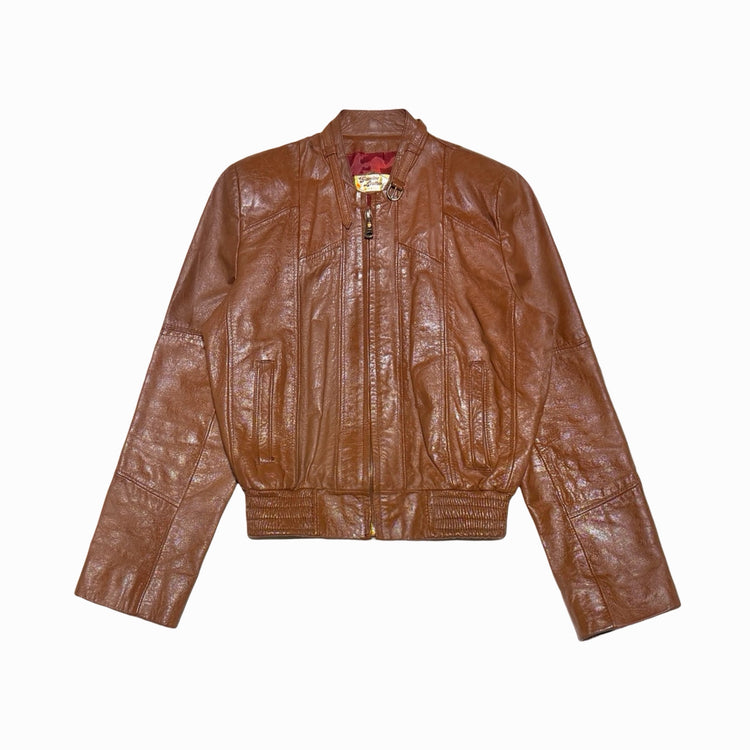 Cognac brown leather zip bomber jacket front