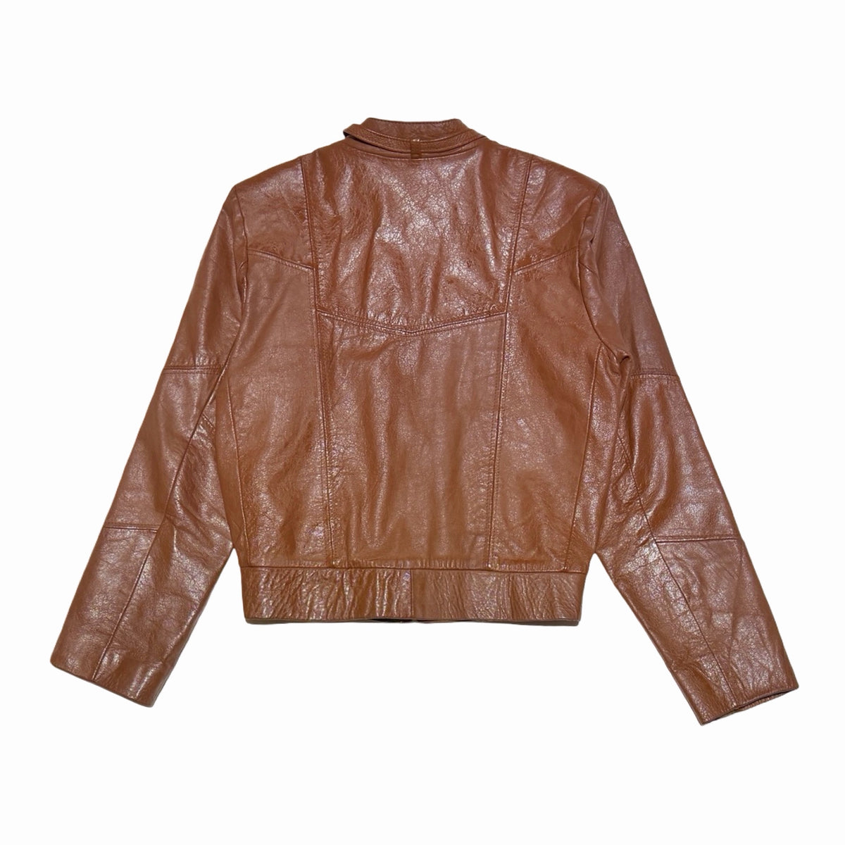 Cognac brown leather bomber jacket back