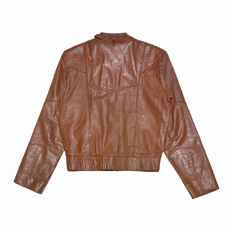 Cognac brown leather bomber jacket back