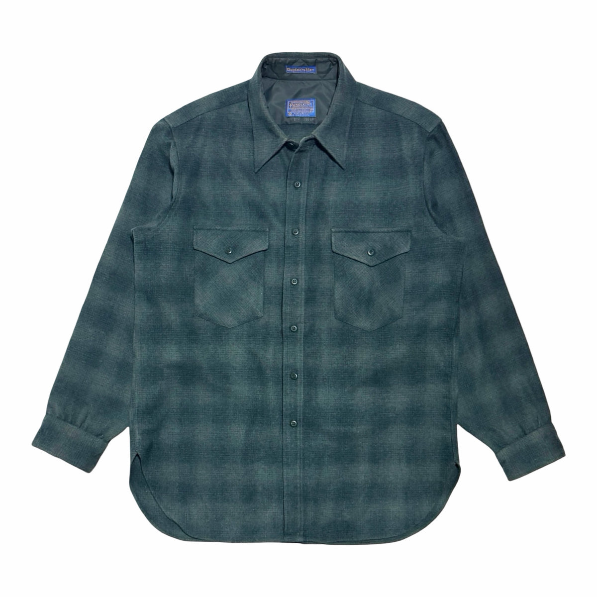 1970'S PENDLETON OUTDOORS MAN VIRGIN WOOL GREEN OMBRE PLAID FLAP POCKET L/S SHIRT front