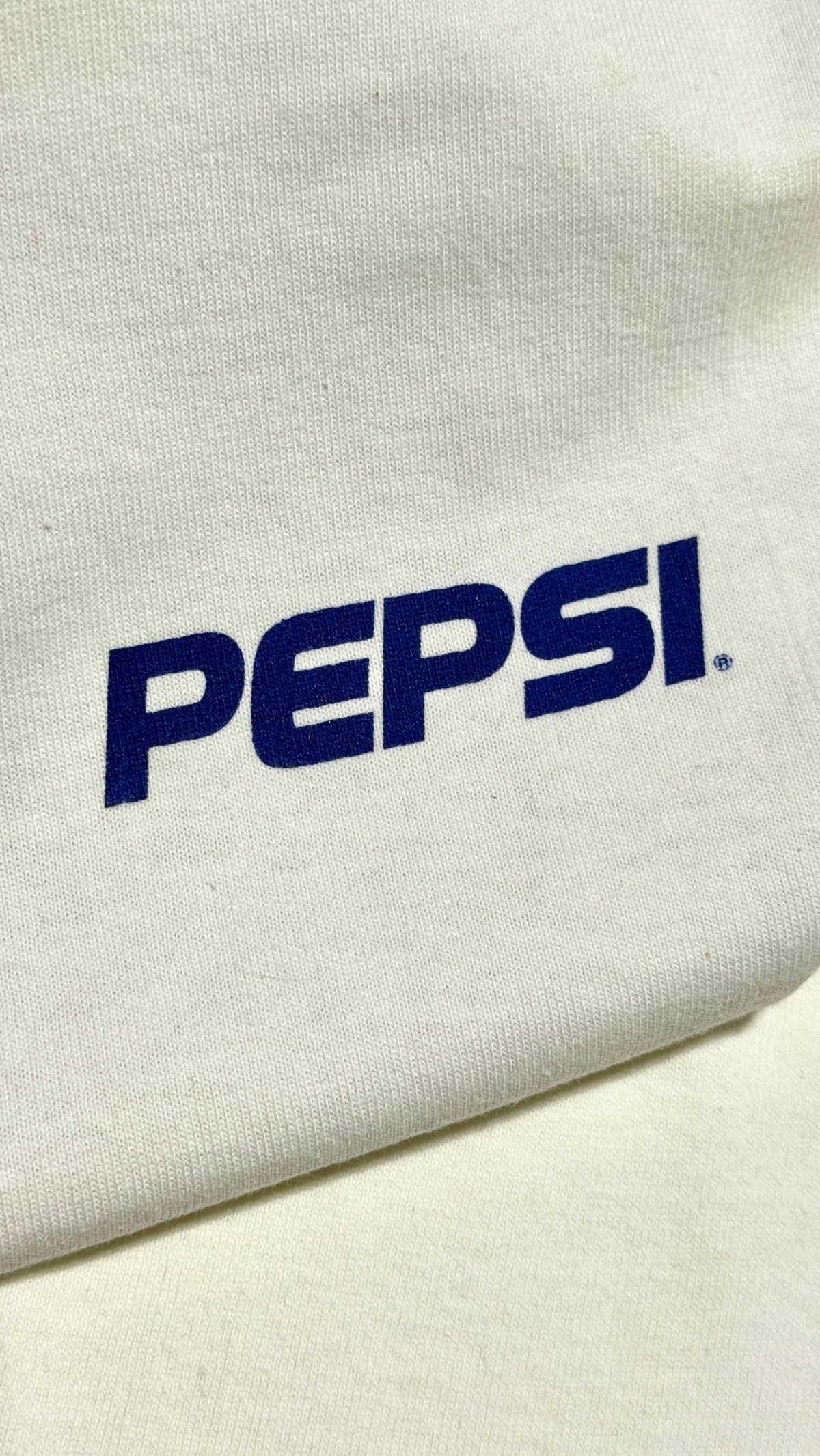 1990's Pepsi graphic tee, Pepsi wordmark closeup on front chest