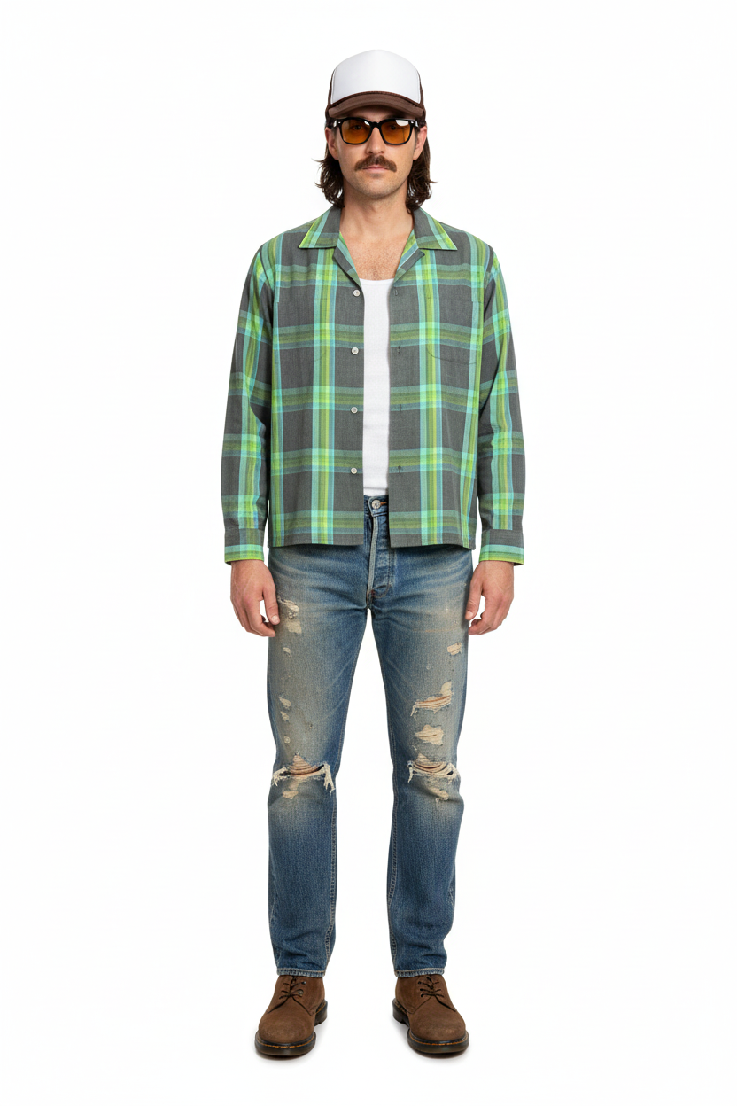 1950’S MCGREGOR MADE IN USA CROPPED PLAID LOOP COLLAR L/S B.D. SHIRT LARGE