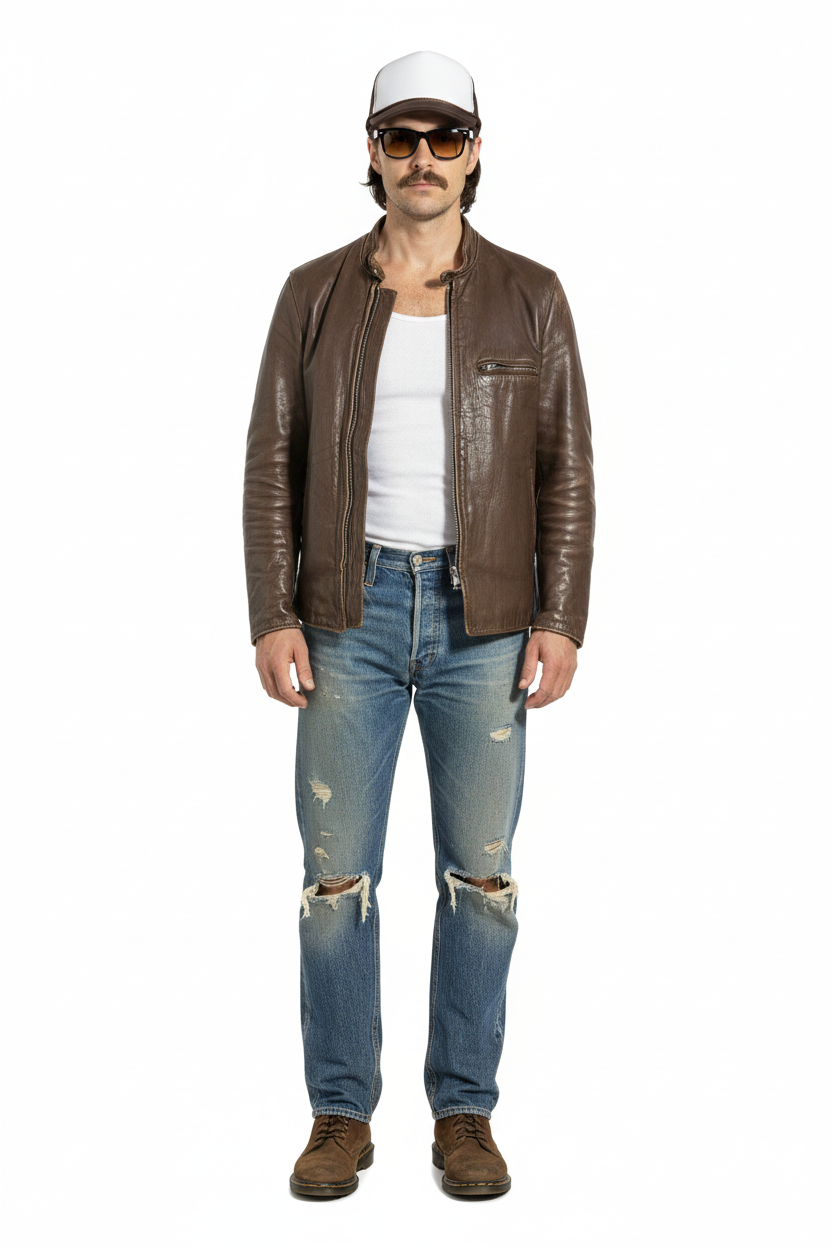 1940’S CAFE RACER MADE IN USA CROPPED THRASHED & REPAIRED BROWN LEATHER ZIP MOTORCYCLE JACKET