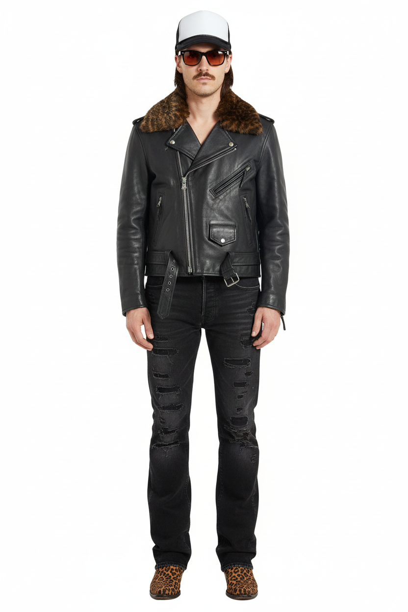 1970’S BLACK LEATHER MADE IN USA CROPPED REMOVABLE LEOPARD PRINT MOUTON COLLAR MOTORCYCLE JACKET LARGE