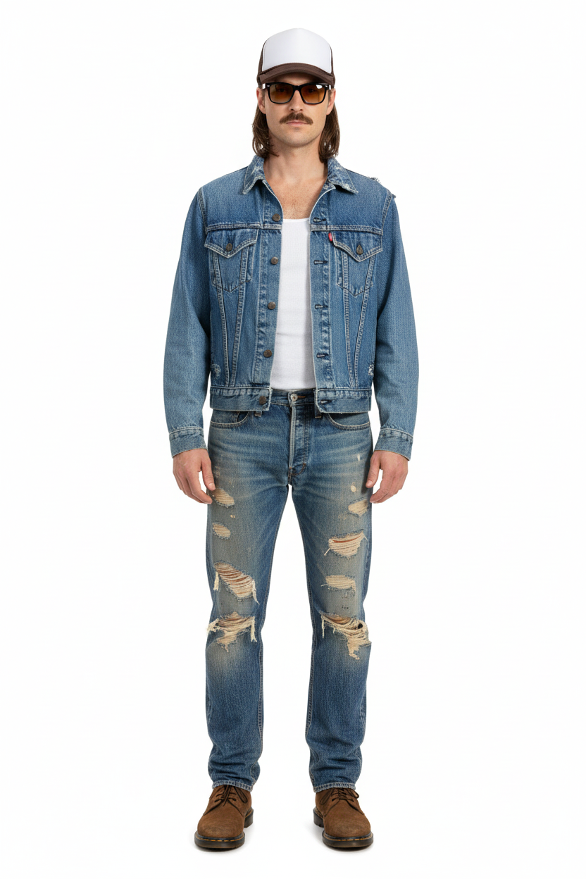 1960’S LEVI’S BIG E TYPE III MADE IN USA THRASHED AND FADED LIGHT WASH DENIM TRUCKER JACKET SMALL