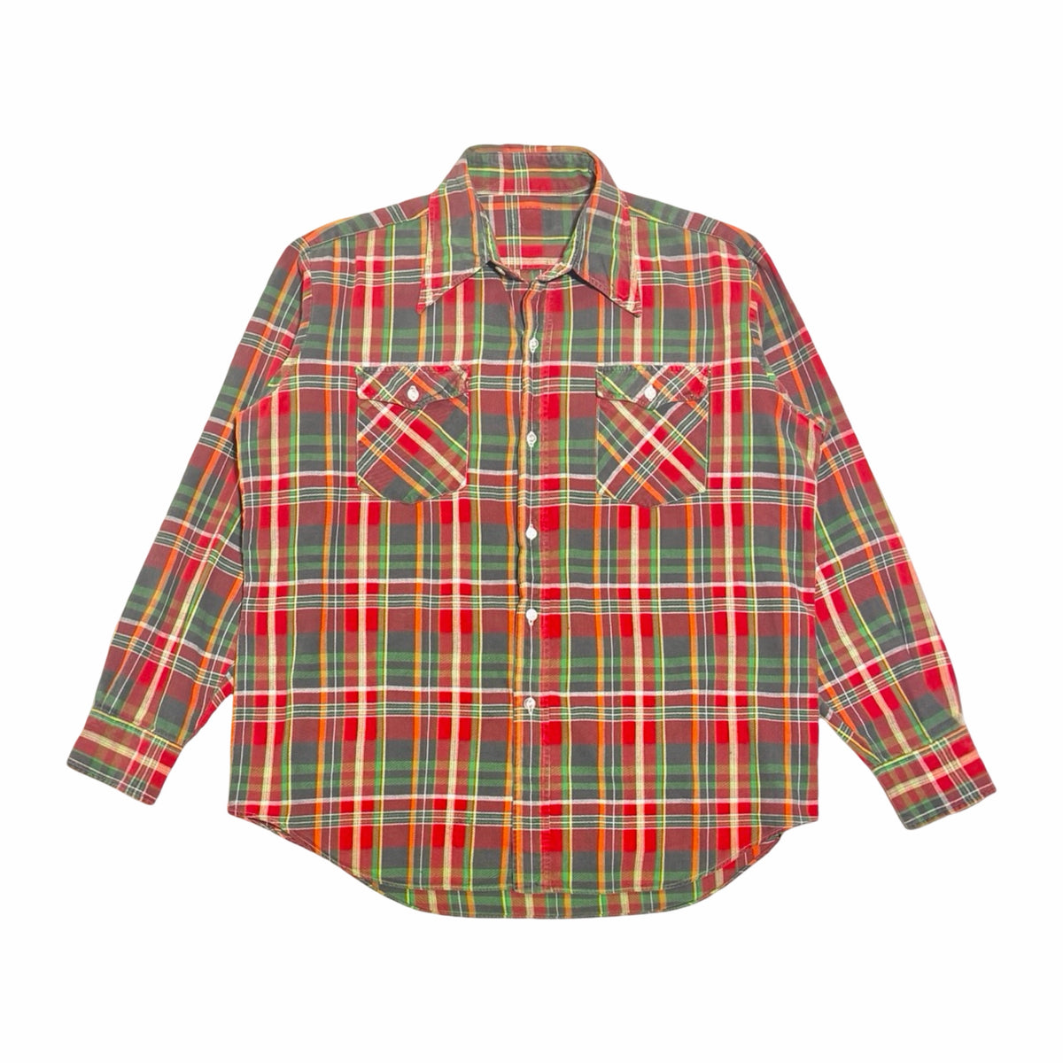 1970's red green and orange plaid cotton flannel button down shirt large