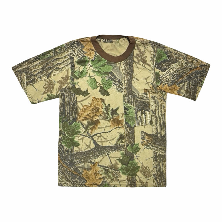 1990'S REALTREE CROPPED CAMO BROWN RINGER POCKET S/S T-SHIRT front